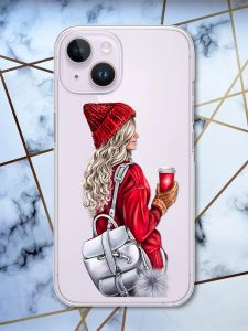 Прозорий чохол із захистом камери на iPhone 14 рельєфний дизайн Дівчина з рюкзаком принт 9