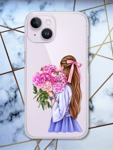 Прозорий чохол із захистом камери на iPhone 14 рельєфний дизайн Дівчина з півоніями принт 11
