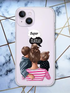 Прозорий чохол із захистом камери на iPhone 14 рельєфний дизайн Супер Мама принт 29