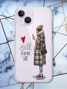 Прозорий чохол із захистом камери на iPhone 14 рельєфний дизайн Дівчина з кавою принт 59