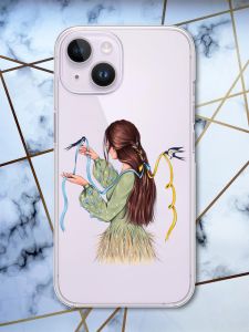 Прозорий чохол із захистом камери на iPhone 14 патріотичний дизайн Дівчина з ластівками принт 16