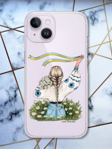 Прозорий чохол із захистом камери на iPhone 14 патріотичний дизайн Дівчина зі стрічкою принт 17