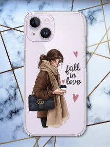 Прозорий чохол із захистом камери на iPhone 14 дизайн Дівчина з кавою принт 112