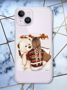 Прозорий чохол із захистом камери на iPhone 14 дизайн Дівчина з ведмедиком принт 117