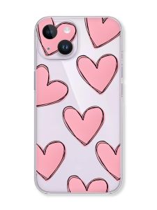 Прозорий чохол із захистом камери на iPhone 14 дизайн Сердечка рожеві принт 78