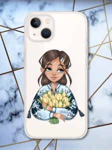 Прозорий силіконовий чохол із захистом камери на iPhone 14 Plus Дівчина з тюльпанами принт 22