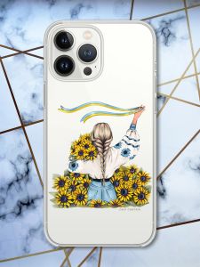 Прозорий чохол із захистом камери на iPhone 14 Pro патріотичний дизайн Дівчина зі стрічкою принт 25