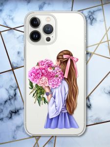 Прозорий чохол із захистом камери на iPhone 14 Pro Дівчина з півоніями принт 11