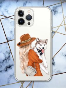 Прозорий чохол із захистом камери на iPhone 14 Pro Дівчина з песиком принт 115