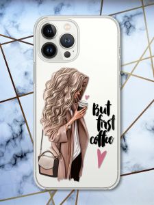 Чохол із захистом камери на iPhone 14 Pro Max Дівчина з кавою принт 114
