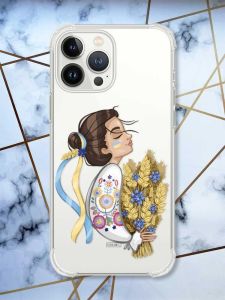 Прозорий чохол із потовщеними кутами на iPhone 14 Pro патріотичний дизайн Українка з колосками принт 172