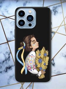 Матовий чорний чохол на Apple iPhone 13 Pro Max патріотичний дизайн Українка з колосками принт 172