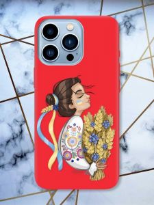 Матовий червоний чохол на Apple iPhone 13 Pro Max патріотичний дизайн Українка з колосками принт 172
