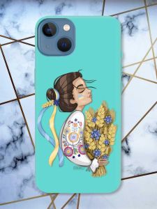 Матовий бірюзовий чохол на Apple iPhone 13 патріотичний дизайн Українка з колосками принт 172