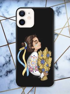 Матовий чорний чохол на Apple iPhone 12 / 12 Pro (6.1) патріотичний дизайн Українка з колосками принт 172