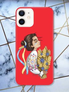 Матовий червоний чохол на Apple iPhone 12 / 12 Pro (6.1) патріотичний дизайн Українка з колосками принт 172