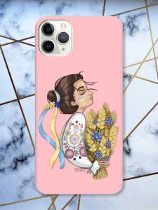 Матовий рожевий чохол на iPhone 11 Pro Max (6.5) патріотичний дизайн Українка з колосками принт 172