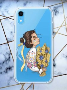 Прозорий чохол на iPhone XR патріотичний дизайн Українка з колосками принт 172