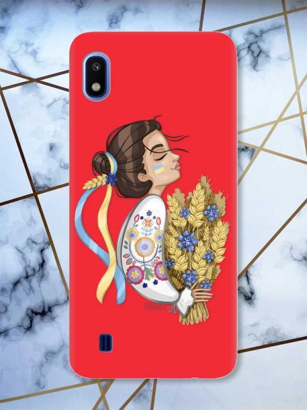Матовий червоний чохол на Samsung Galaxy А10 (2019) А105 патріотичний дизайн Українка з колосками принт 172