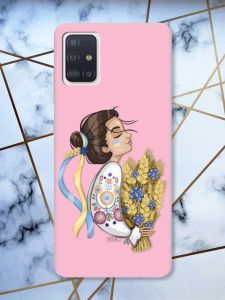 Матовий рожевий чохол на Samsung Galaxy A51 патріотичний дизайн Українка з колосками принт 172