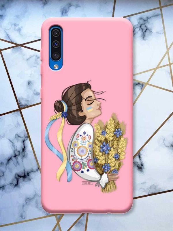 Матовий рожевий чохол на Samsung Galaxy A50 (2019) A505 патріотичний дизайн Українка з колосками принт 172