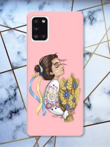 Матовий рожевий чохол на Samsung Galaxy A31 патріотичний дизайн Українка з колосками принт 172