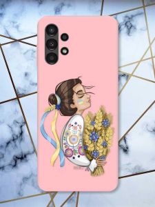 Матовий рожевий чохол на Samsung A13 4G патріотичний дизайн Українка з колосками принт 172