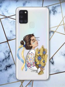 Прозорий чохол на Samsung Galaxy A21s патріотичний дизайн Українка з колосками принт 172
