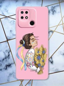 Матовий рожевий чохол на Xiaomi Redmi 10C патріотичний дизайн Українка з колосками принт 172
