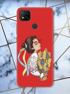 Матовий червоний чохол на Xiaomi Redmi 9C / 10A патріотичний дизайн Українка з колосками принт 172