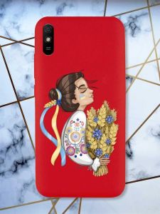 Матовий червоний чохол на Xiaomi Redmi 9А патріотичний дизайн Українка з колосками принт 172