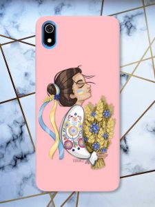 Матовий рожевий чохол на Xiaomi Redmi 7A патріотичний дизайн Українка з колосками принт 172
