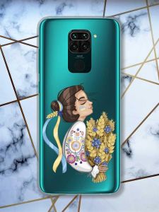 Прозорий чохол на Xiaomi Redmi Note 9 патріотичний дизайн Українка з колосками принт 172