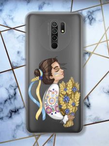 Прозорий чохол на Xiaomi Redmi 9 патріотичний дизайн Українка з колосками принт 172