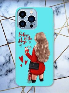 Матовий бірюзовий чохол на Apple iPhone 13 Pro Max Дівчина з кавою принт 137