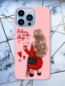Матовий рожевий чохол на Apple iPhone 13 Pro Max Дівчина з кавою принт 137