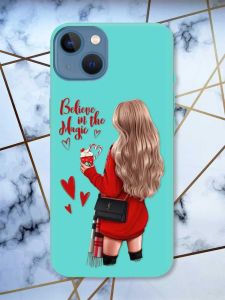 Матовий бірюзовий чохол на Apple iPhone 13 Дівчина з кавою принт 137