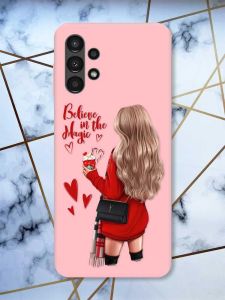 Матовий рожевий чохол на Samsung A13 4G Дівчина з кавою принт 137
