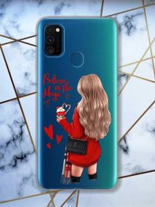 Прозорий чохол на Samsung Galaxy M30s/М21  Дівчина з кавою принт 137