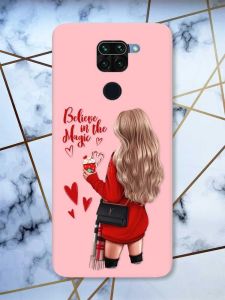 Матовий рожевий чохол на Xiaomi Redmi Note 9 Дівчина з кавою принт 137