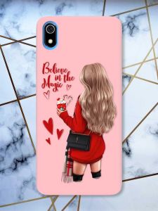 Матовий рожевий чохол на Xiaomi Redmi 7A Дівчина з кавою принт 137