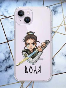 Прозорий чохол із захистом камери на iPhone 14 патріотичний дизайн Українська захисниця принт 169