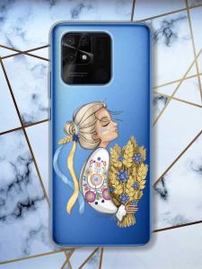 Прозорий чохол на Xiaomi Redmi 10C патріотичний дизайн Українка з колосками принт 173