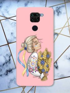 Матовий рожевий чохол на Xiaomi Redmi Note 9 патріотичний дизайн Українка з колосками принт 173