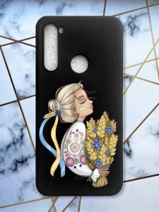 Матовий чорний чохол на Xiaomi Redmi Note 8 патріотичний дизайн Українка з колосками принт 173