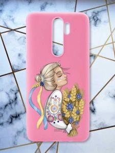 Матовий рожевий чохол на Xiaomi Redmi Note 8 Pro патріотичний дизайн Українка з колосками принт 173