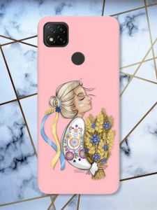 Матовий рожевий чохол на Xiaomi Redmi 9C / 10A патріотичний дизайн Українка з колосками принт 173