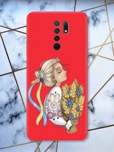 Матовий червоний чохол на Xiaomi Redmi 9 патріотичний дизайн Українка з колосками принт 173