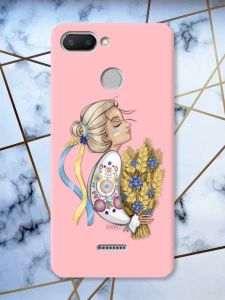 Матовий рожевий чохол на Xiaomi Redmi 6 патріотичний дизайн Українка з колосками принт 173
