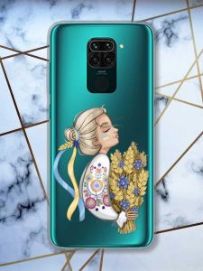 Прозорий чохол на Xiaomi Redmi Note 9 патріотичний дизайн Українка з колосками принт 173